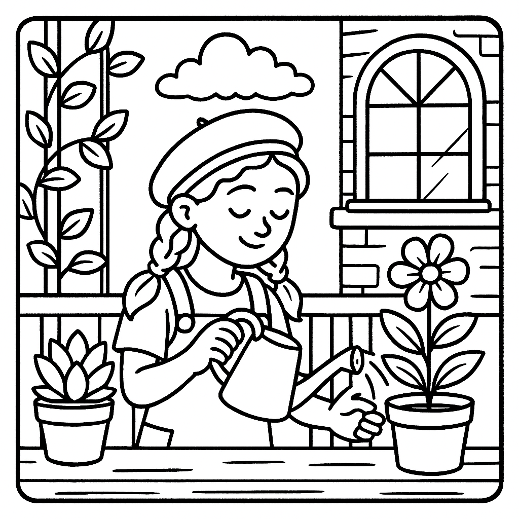 Balcony Gardener Girl Waters Flower Coloring Page