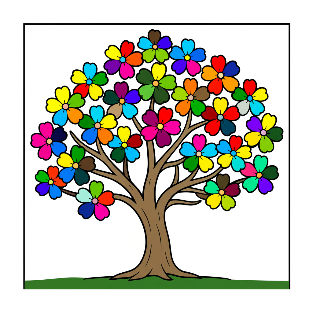 Blooming Flower Tree Coloring Page - Colored Preview