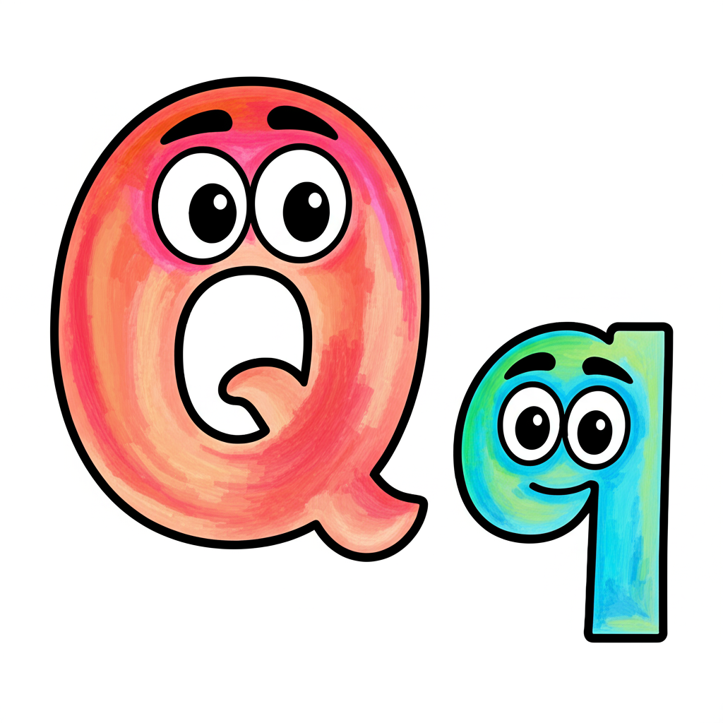 Cartoon Letter Q Characters Coloring Page - Colored Preview
