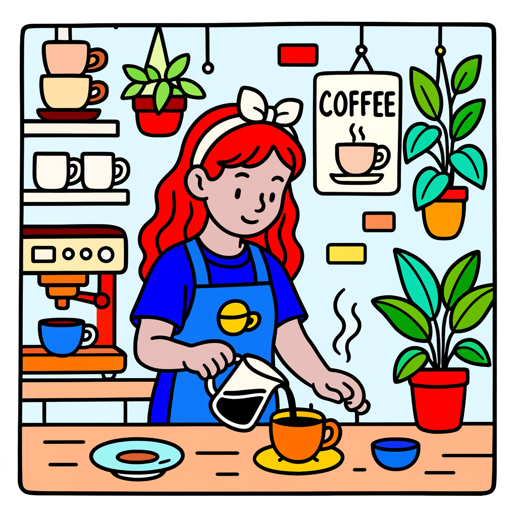 Charming Barista Pouring Coffee Coloring Page - Colored Preview