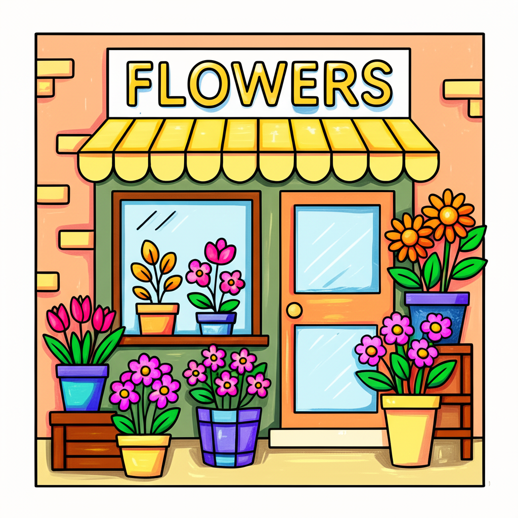 Charming Flower Shop Scene Coloring Page - Colored Preview