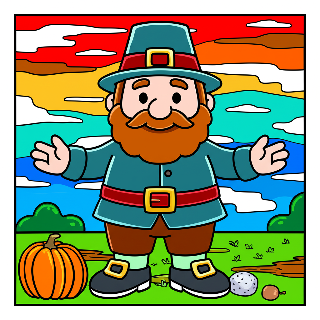 Cheerful Pilgrim Greeting Coloring Page - Colored Preview