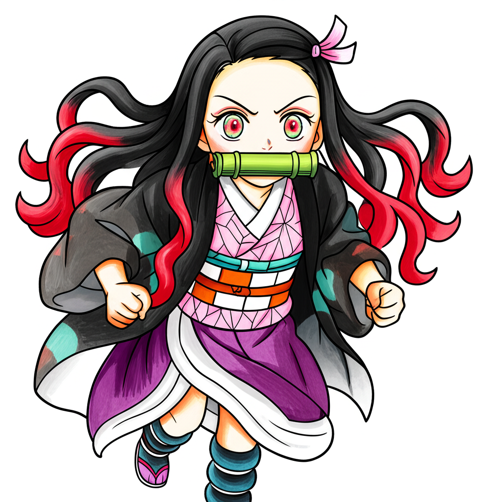 Chibi Nezuko Dashing Forward Coloring Page - Colored Preview