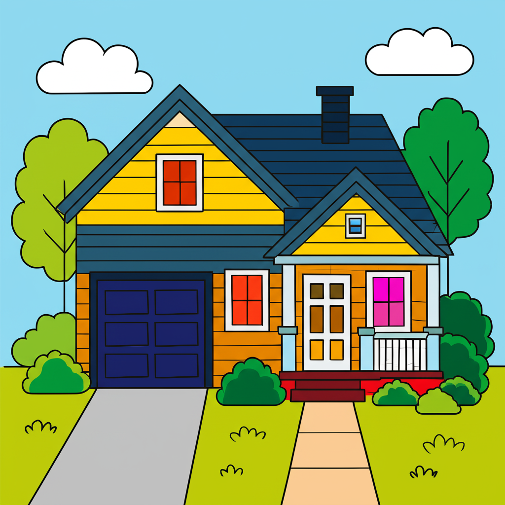 Classic Suburban House Coloring Page - Colored Preview