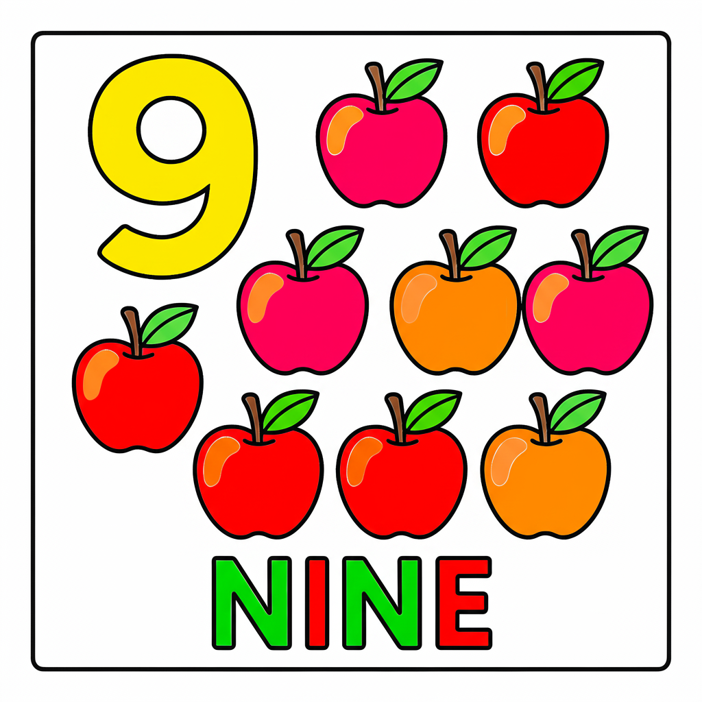 Count and Color Nine Apples Coloring Page - Colored Preview