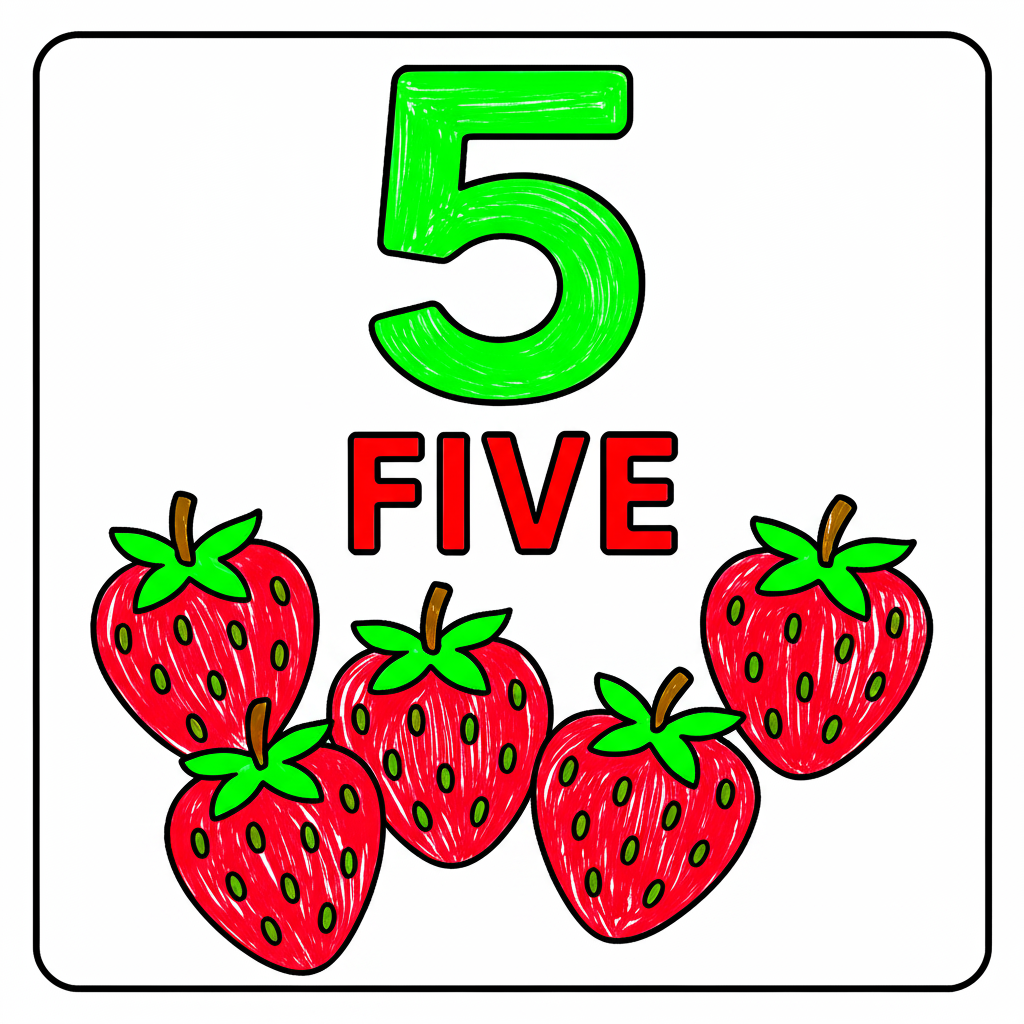 Count Five Sweet Strawberries Coloring Page - Colored Preview