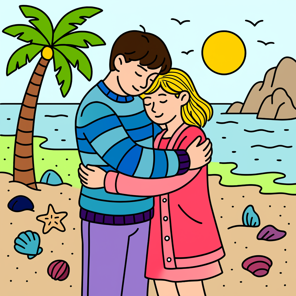 Loving Beach Embrace Scene Coloring Page - Colored Preview