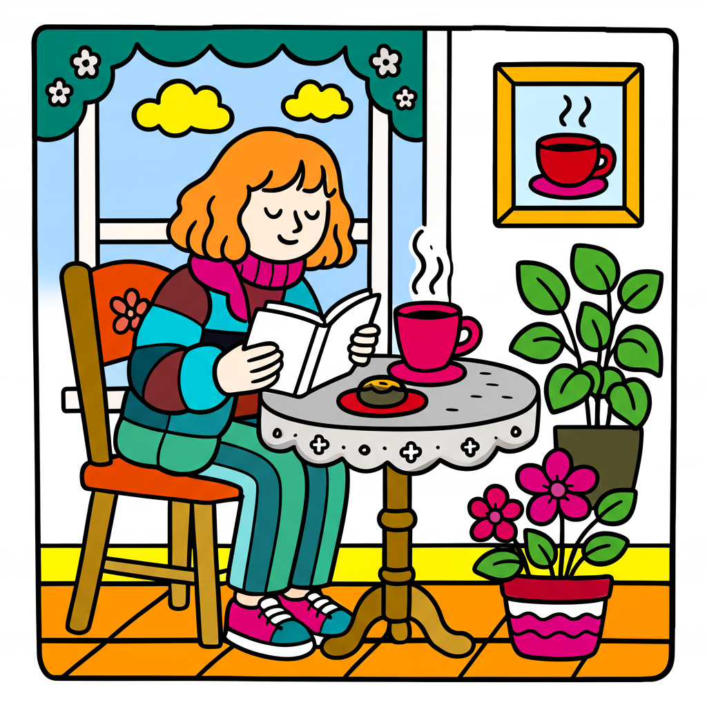 Cozy Cafe Reading Nook Coloring Page - Colored Preview