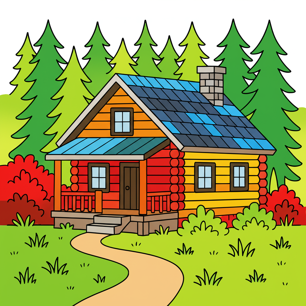 Cozy Forest Log Cabin Coloring Page - Colored Preview