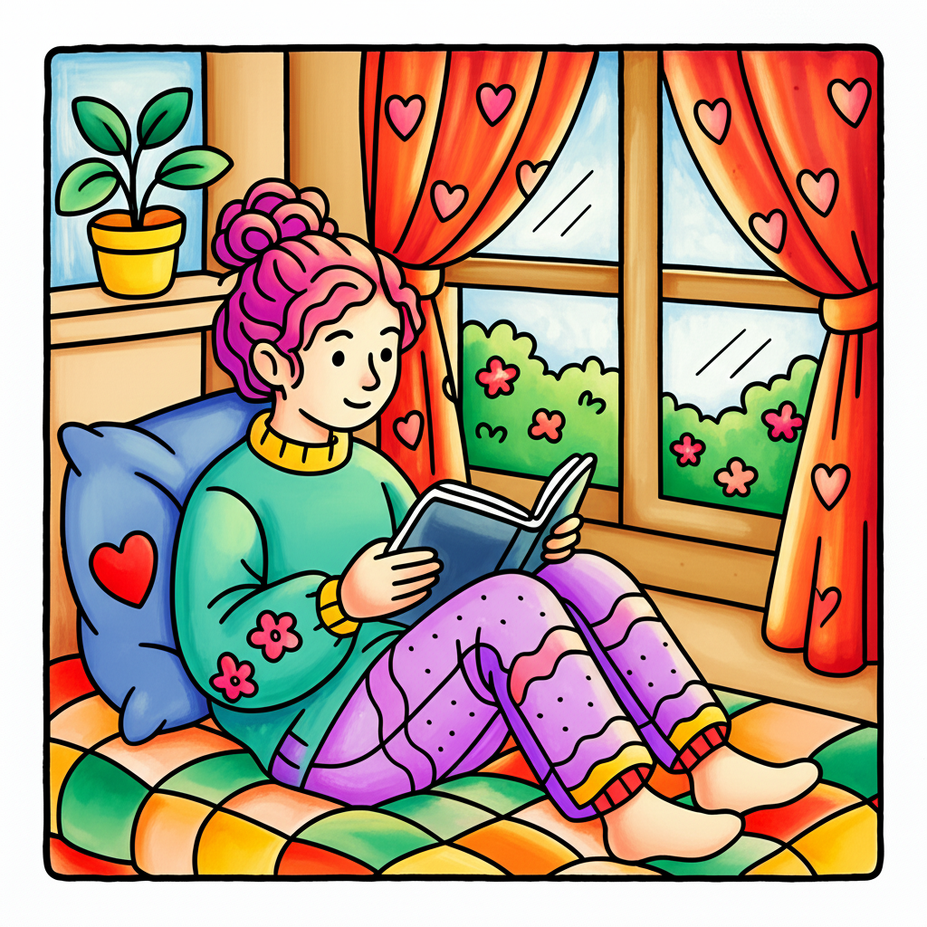 Cozy Reading Nook Girl Coloring Page - Colored Preview