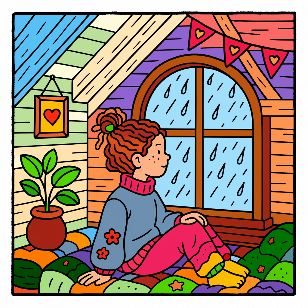 Cozy Attic Rainy Day Coloring Page - Colored Preview
