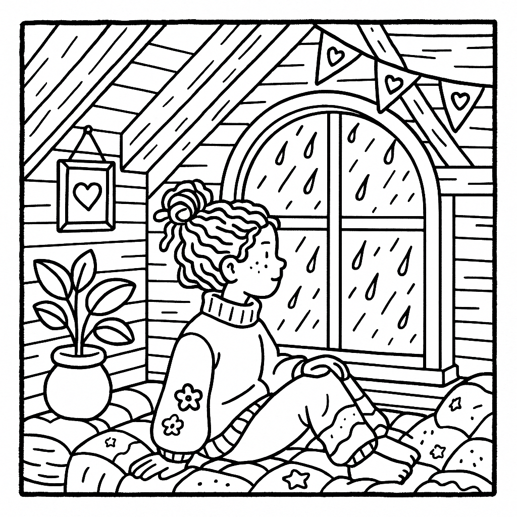 Cozy Attic Rainy Day Coloring Page