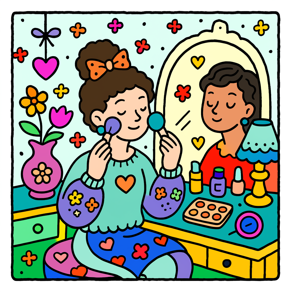 Cute Girl Makeup Vanity Fun Coloring Page - Colored Preview