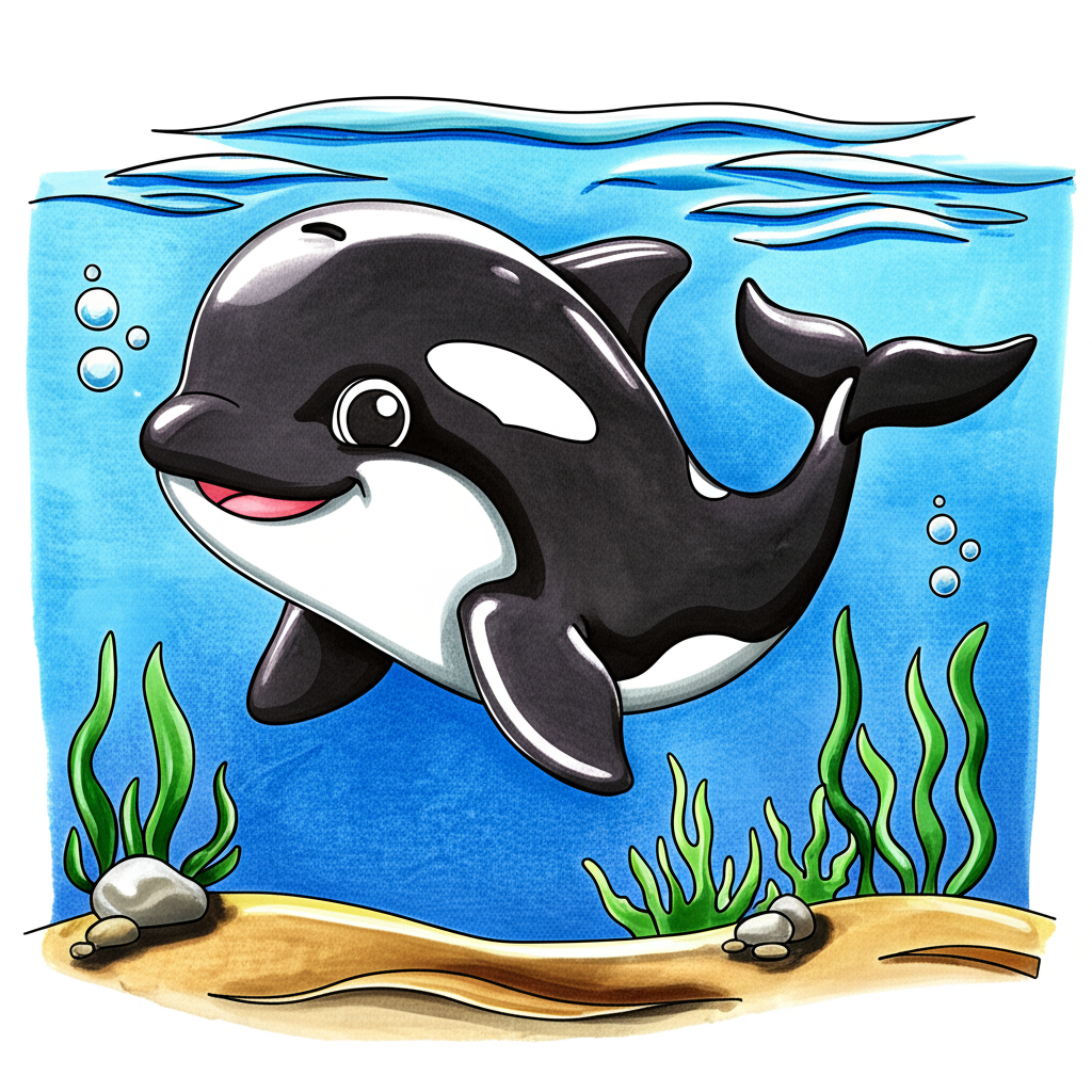 Friendly Orca Ocean Swim Coloring Page - Colored Preview