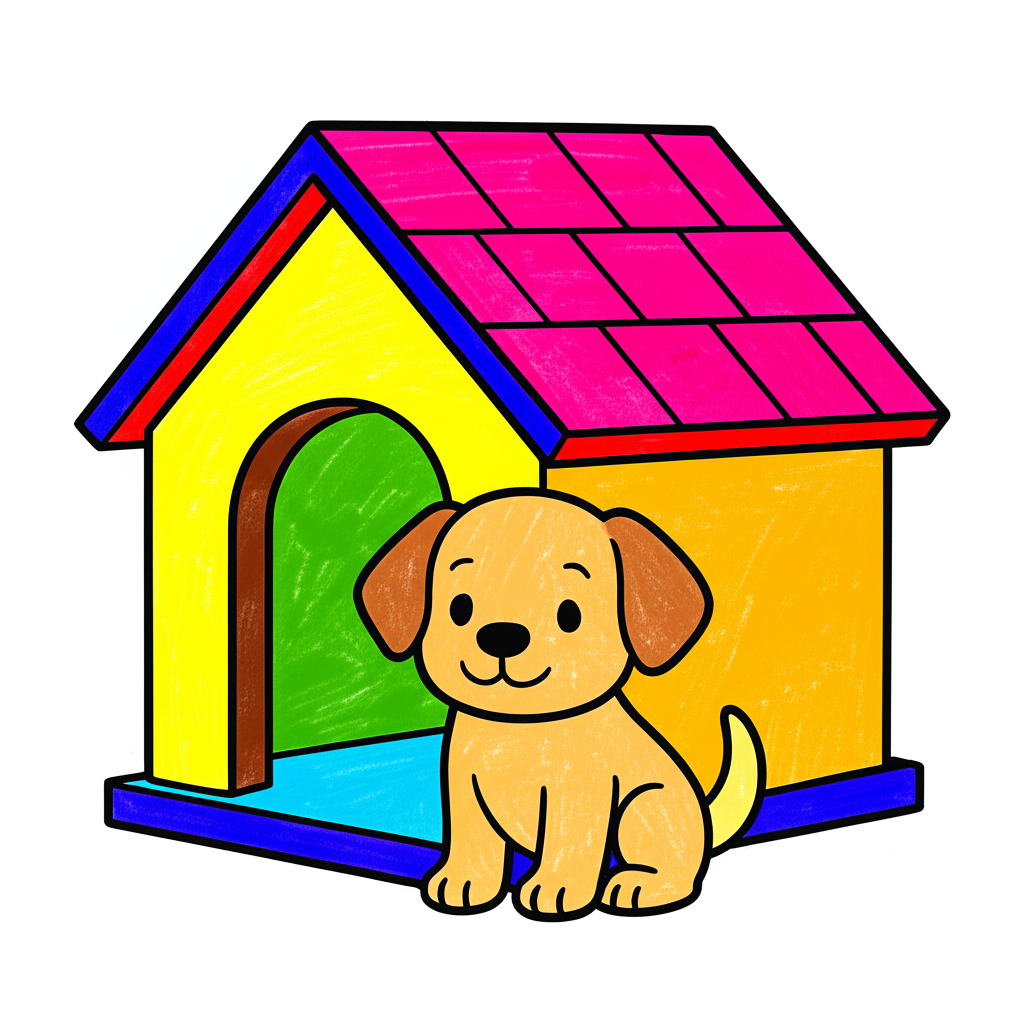 Cute Puppy Doghouse Coloring Page - Colored Preview