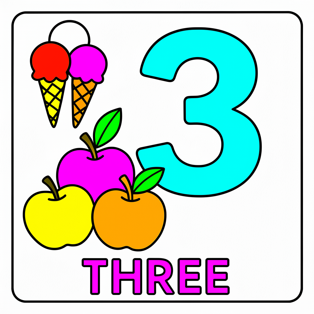 Delightful Number Three Counting Coloring Page - Colored Preview