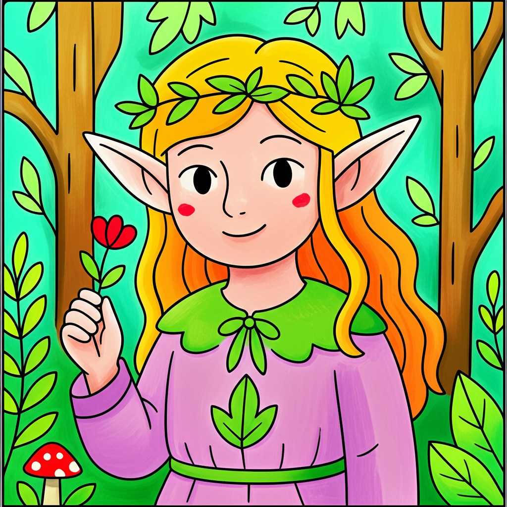 Enchanting Forest Elf Maiden Coloring Page - Colored Preview
