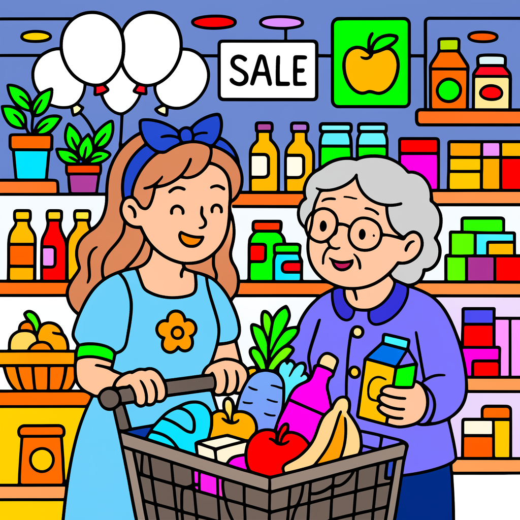 Grandma and Granddaughter's Grocery Trip - Colored Preview