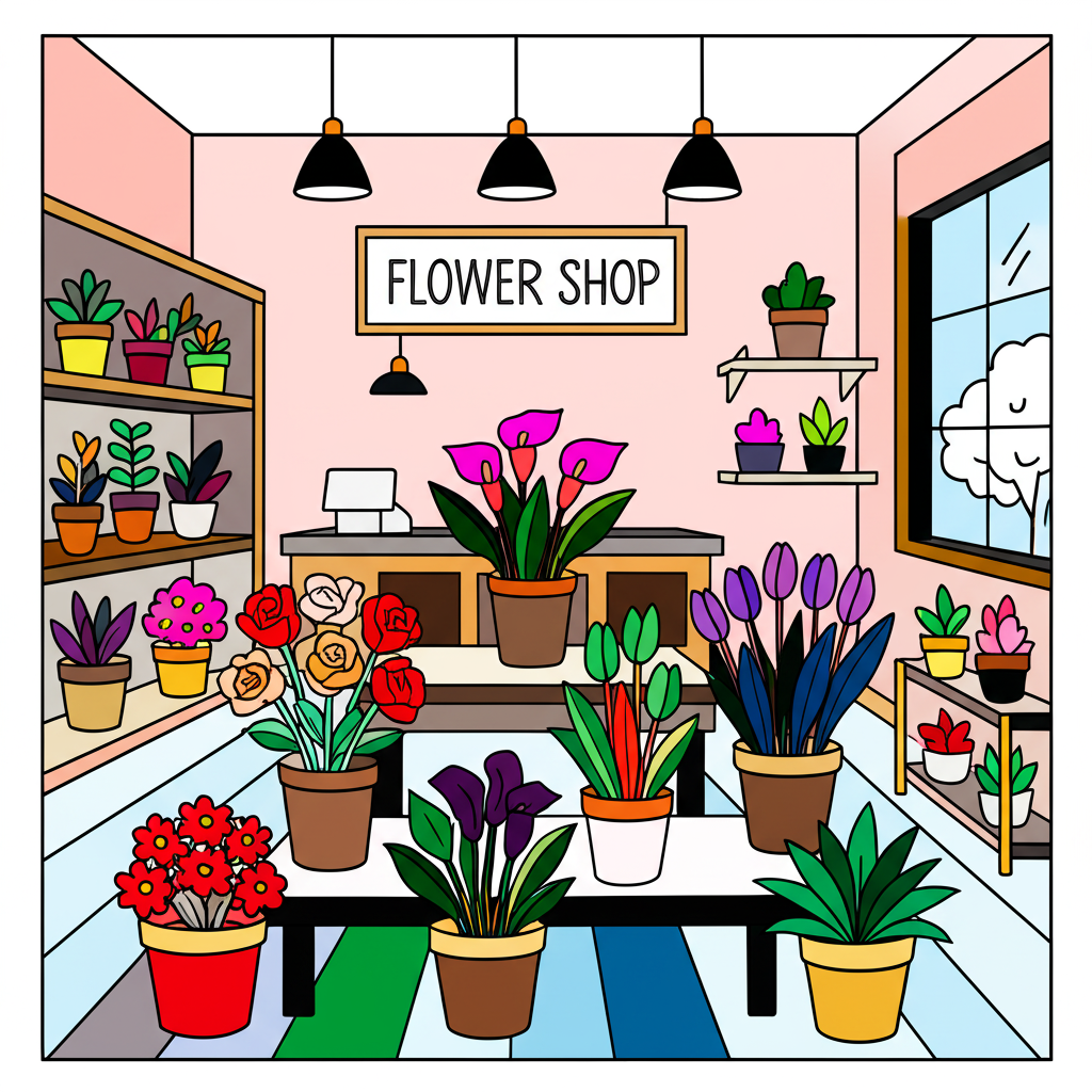 Charming Flower Shop Interior Coloring Page - Colored Preview