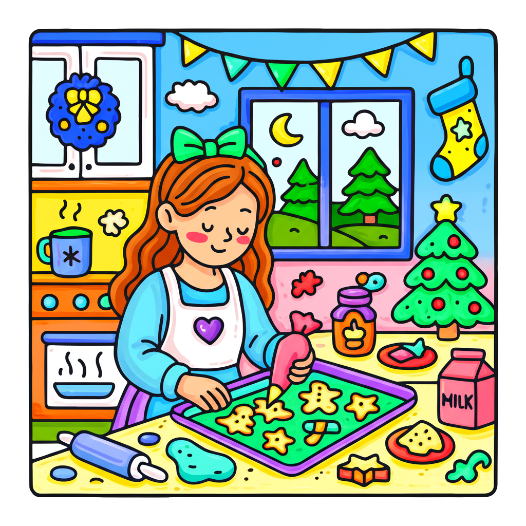 Girl Baking Christmas Cookies Coloring Page - Colored Preview
