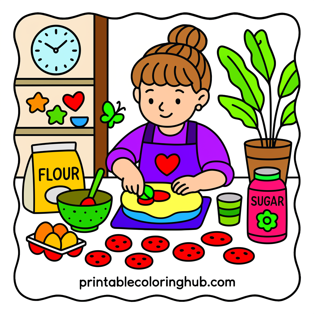 Cheerful Girl Baking Cookies Coloring Page - Colored Preview
