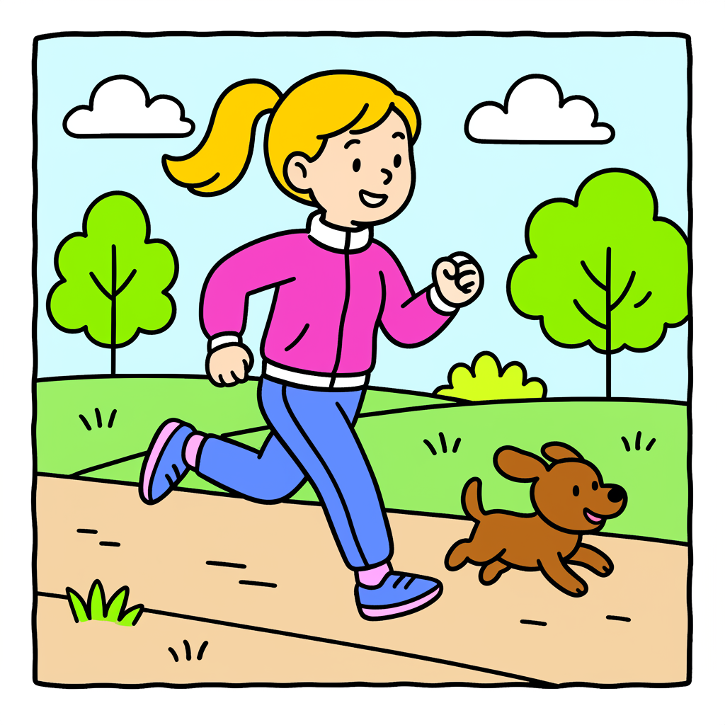 Girl Jogging with Dog in Park Coloring Page - Colored Preview