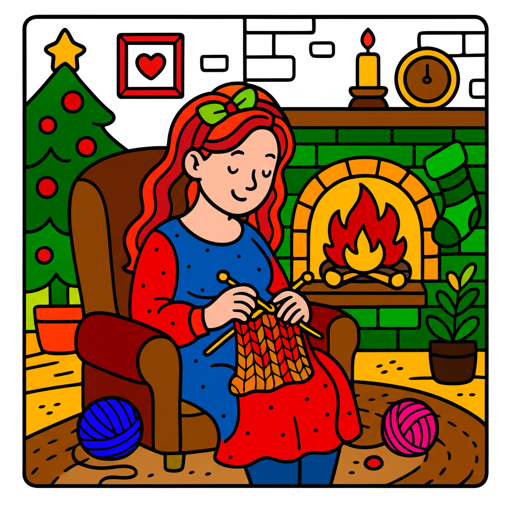 Cozy Christmas Knitting Scene - Colored Preview
