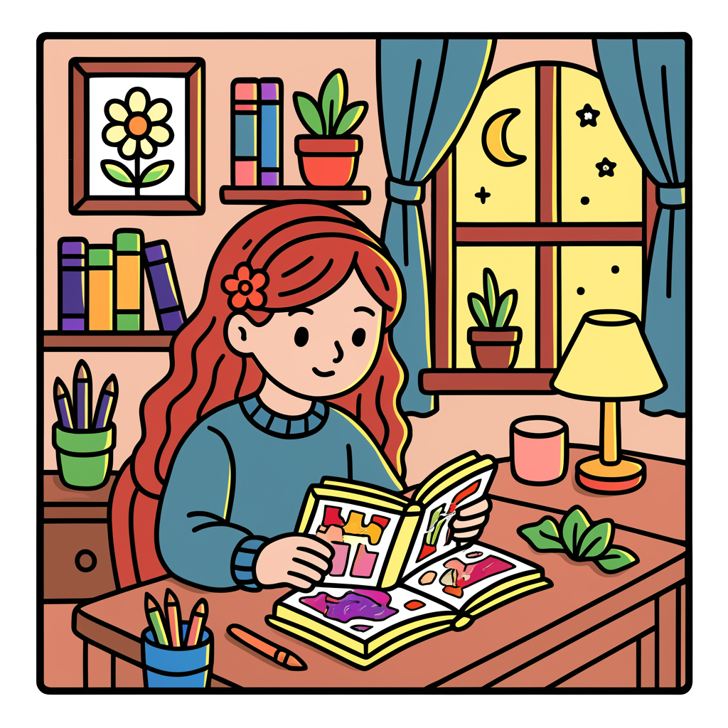 Girl Studying Cozy Night Scene Coloring Page - Colored Preview