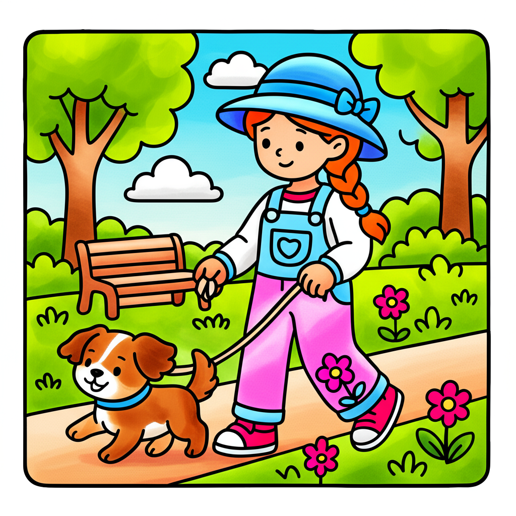Sunny Park Day with Puppy Coloring Page - Colored Preview