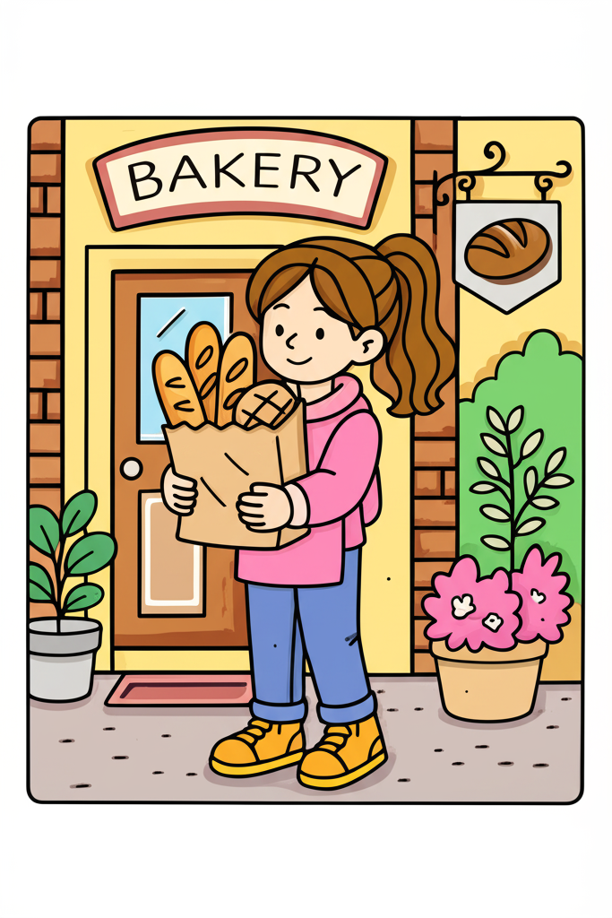 Girl with Fresh Bakery Bread Coloring Page - Colored Preview