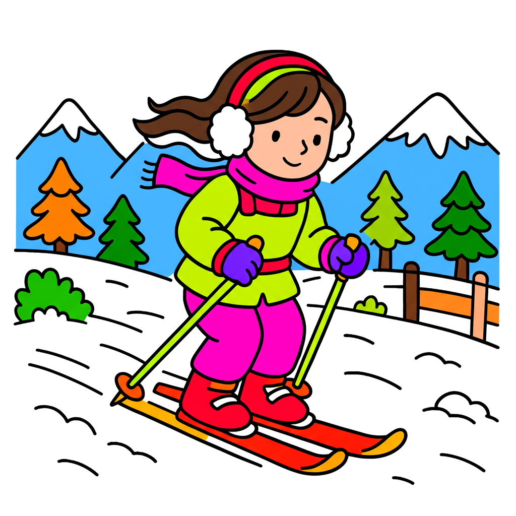 Girl Skiing Snowy Mountains Coloring Page - Colored Preview