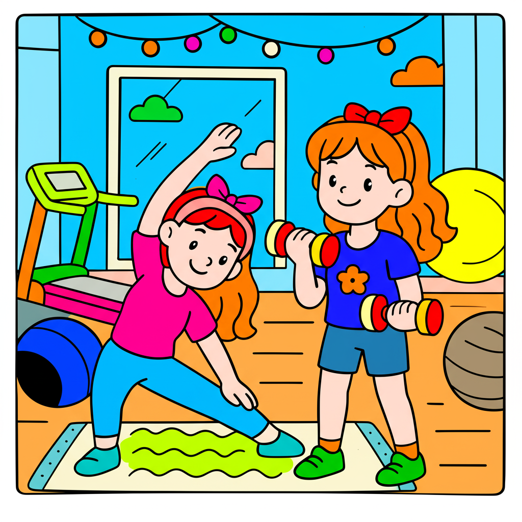 Energetic Girls Gym Workout Coloring Page - Colored Preview