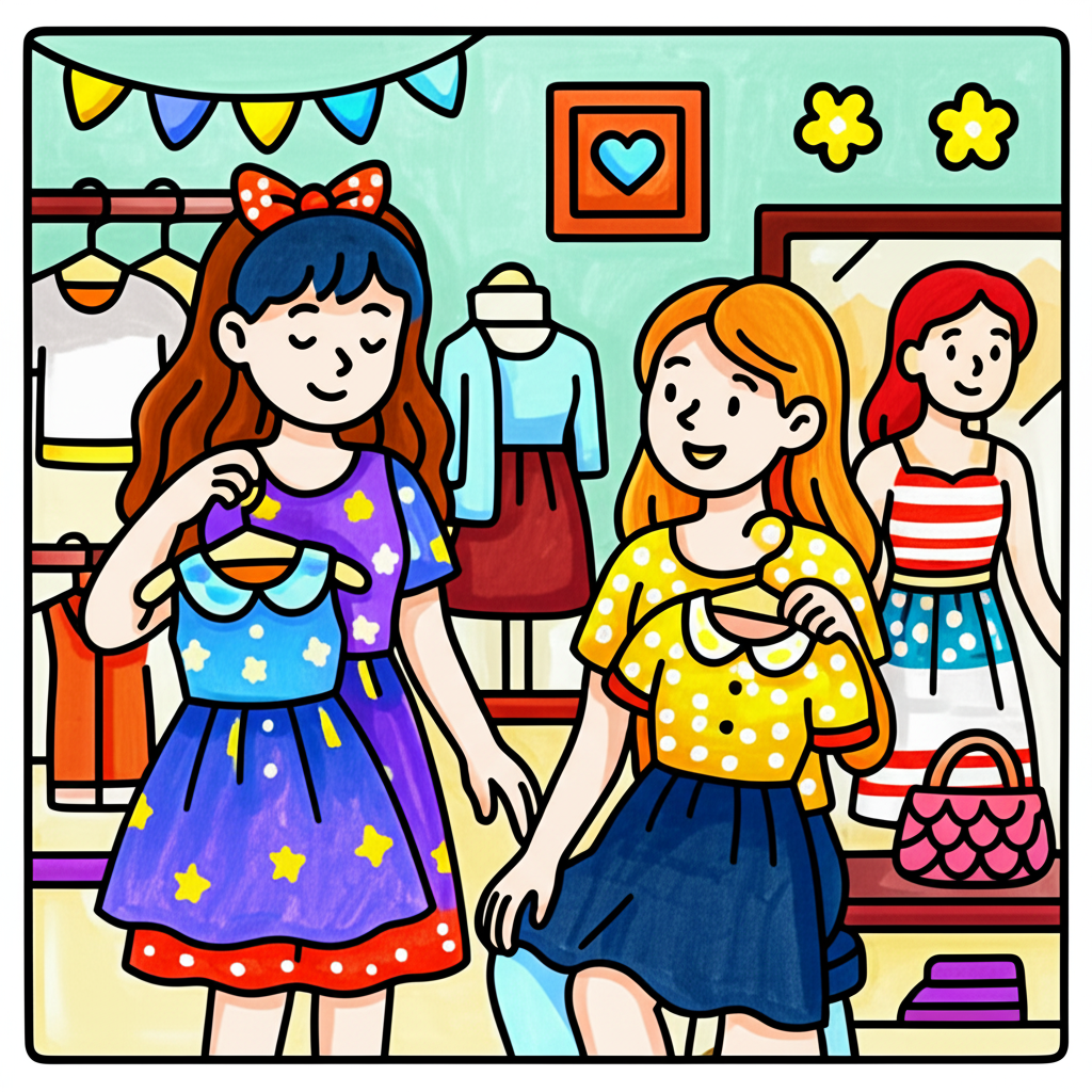 Girls' Boutique Adventure Coloring Page - Colored Preview