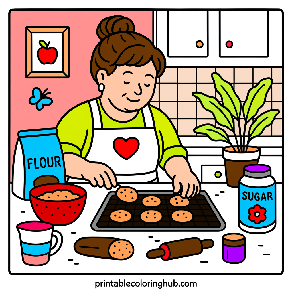 Grandma's Cozy Cookie Kitchen Coloring Page - Colored Preview