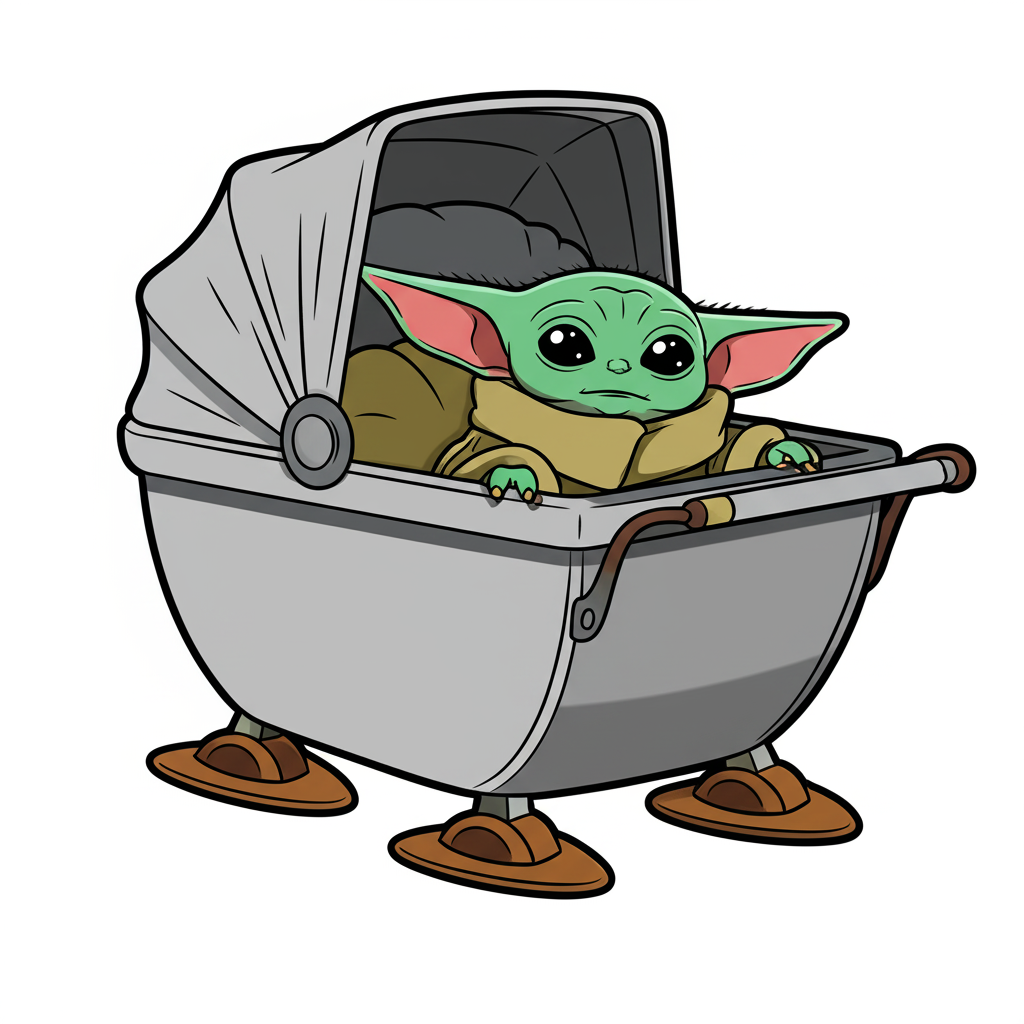Adorable Grogu in Hover Pram Coloring Page - Colored Preview