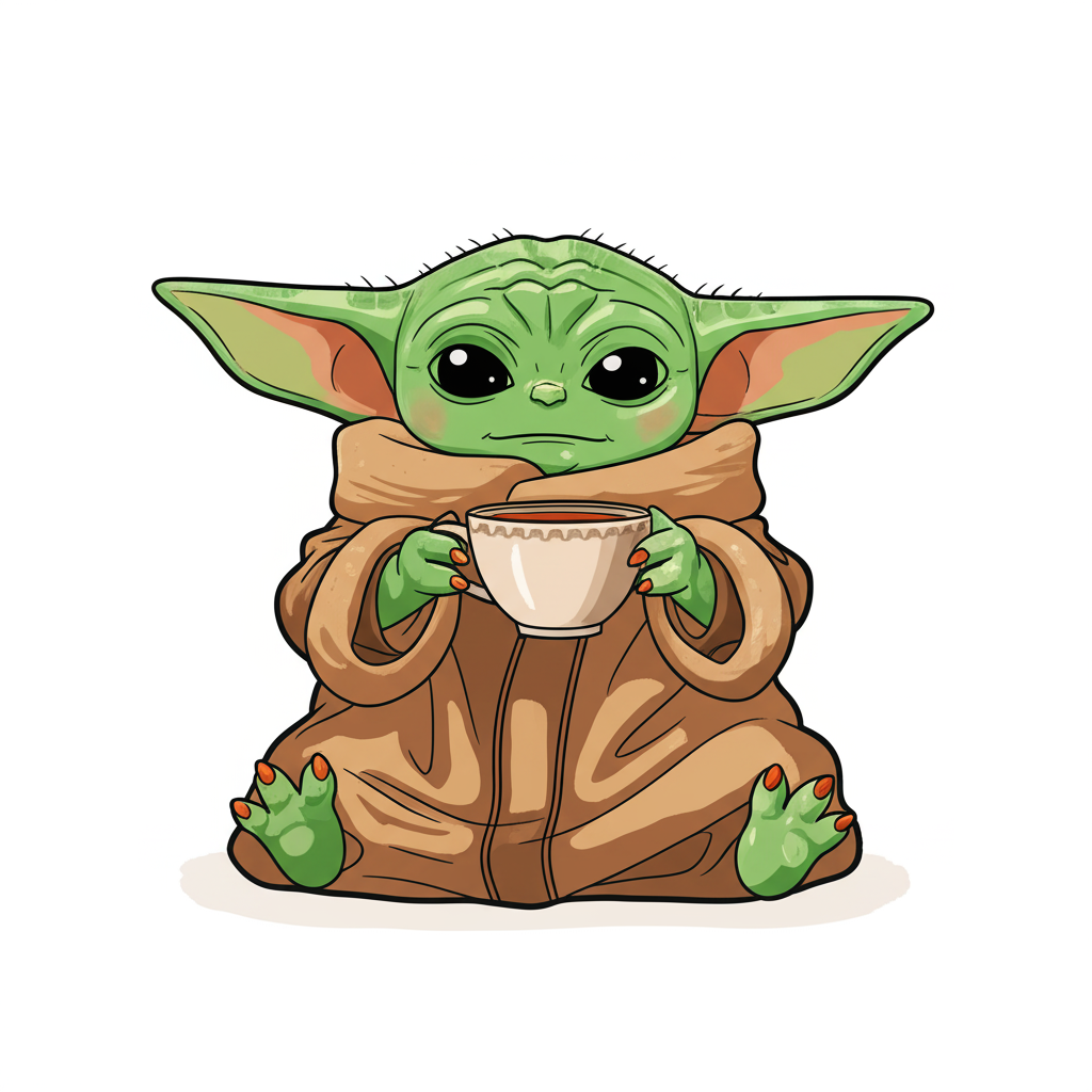 Cute Grogu Sipping Drink Coloring Page - Colored Preview