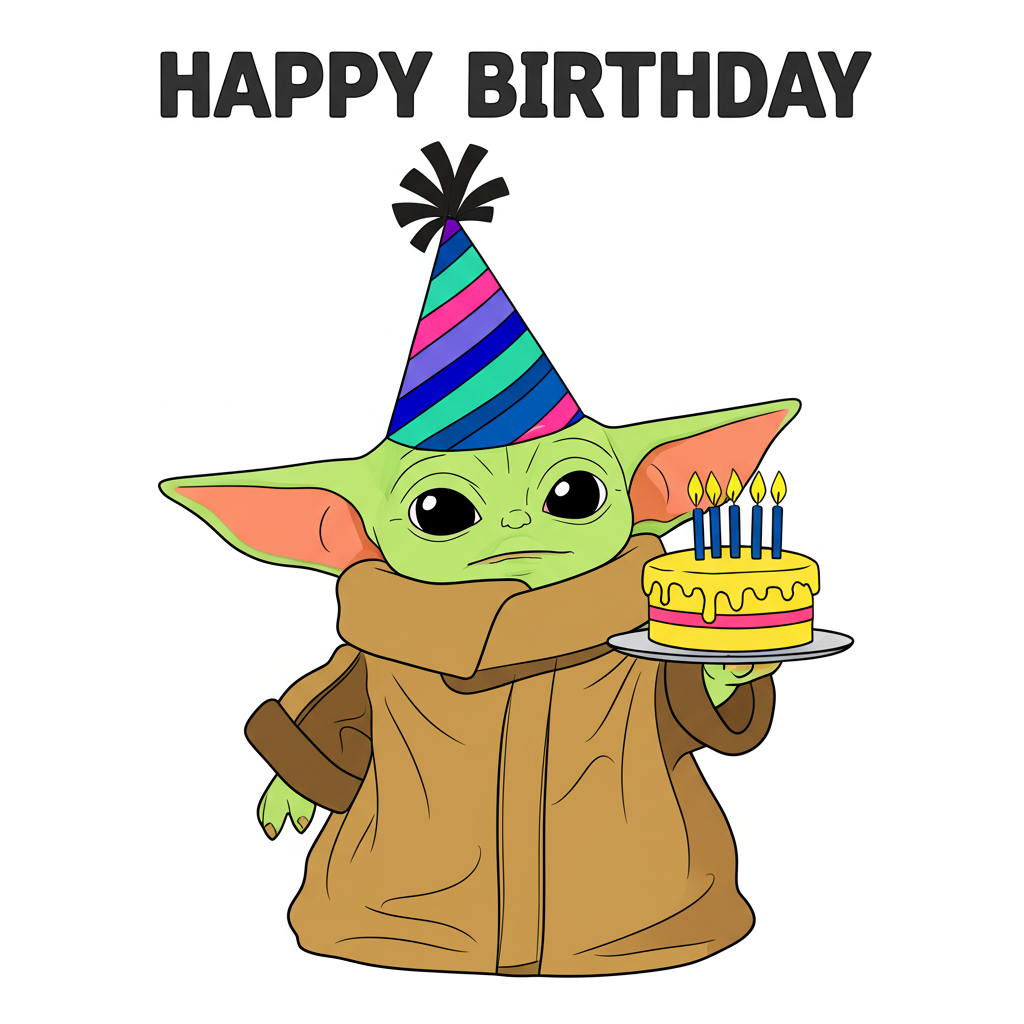 Grogu's Birthday Cake Surprise Coloring Page - Colored Preview