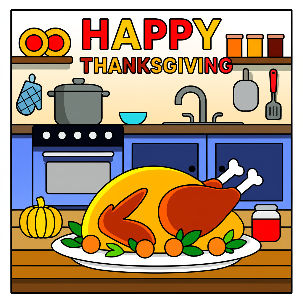 Happy Thanksgiving Kitchen Feast Coloring Page - Colored Preview