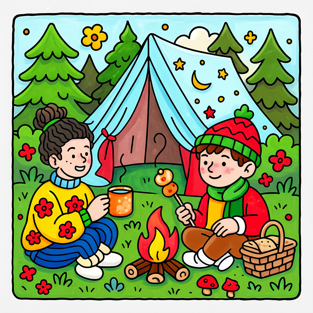 Cozy Kids Campfire Night Coloring Page - Colored Preview