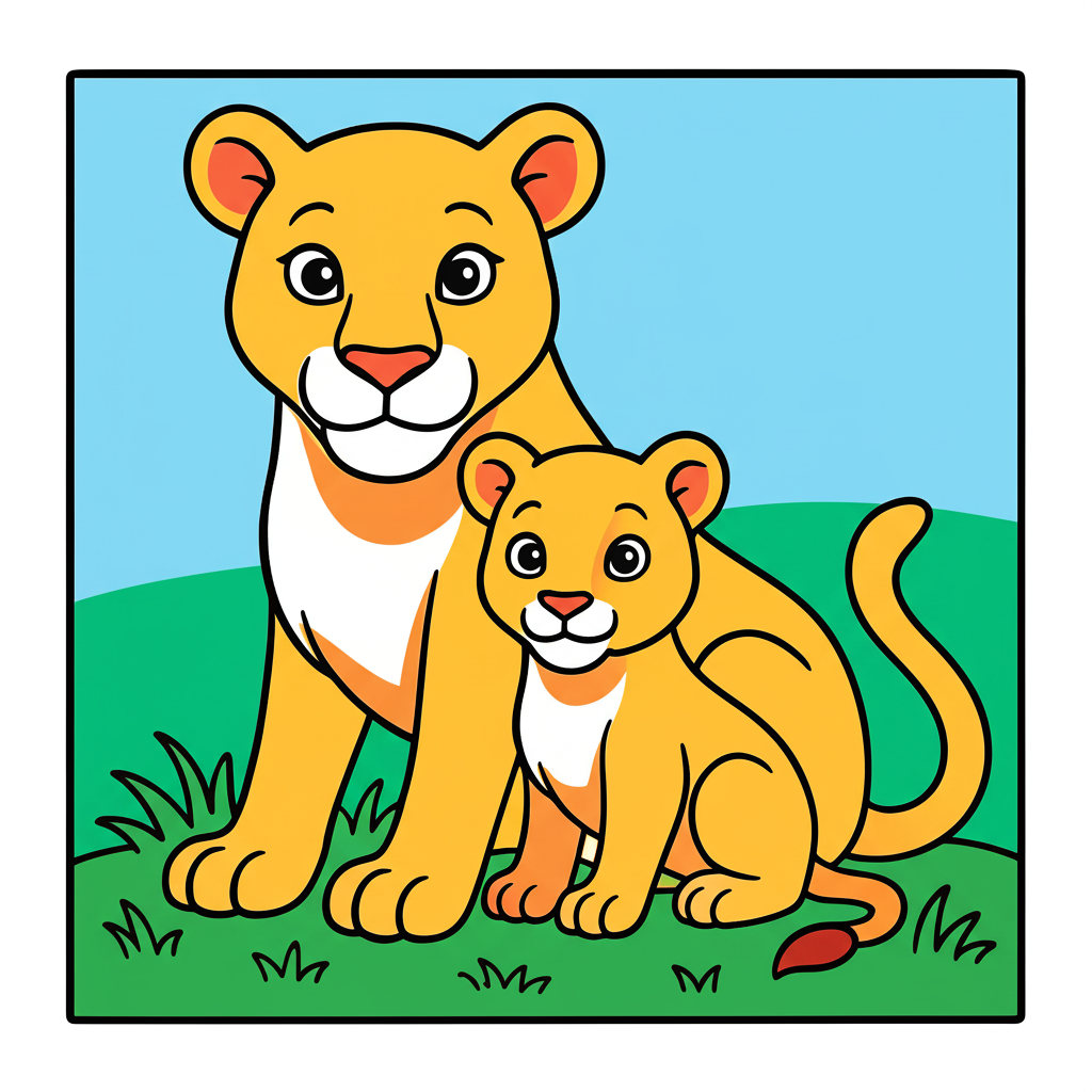 Majestic Lioness and Cub Coloring Page - Colored Preview