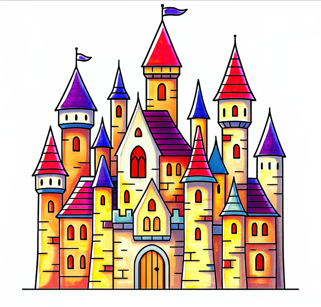 Magical Castle Towers Coloring Page - Colored Preview