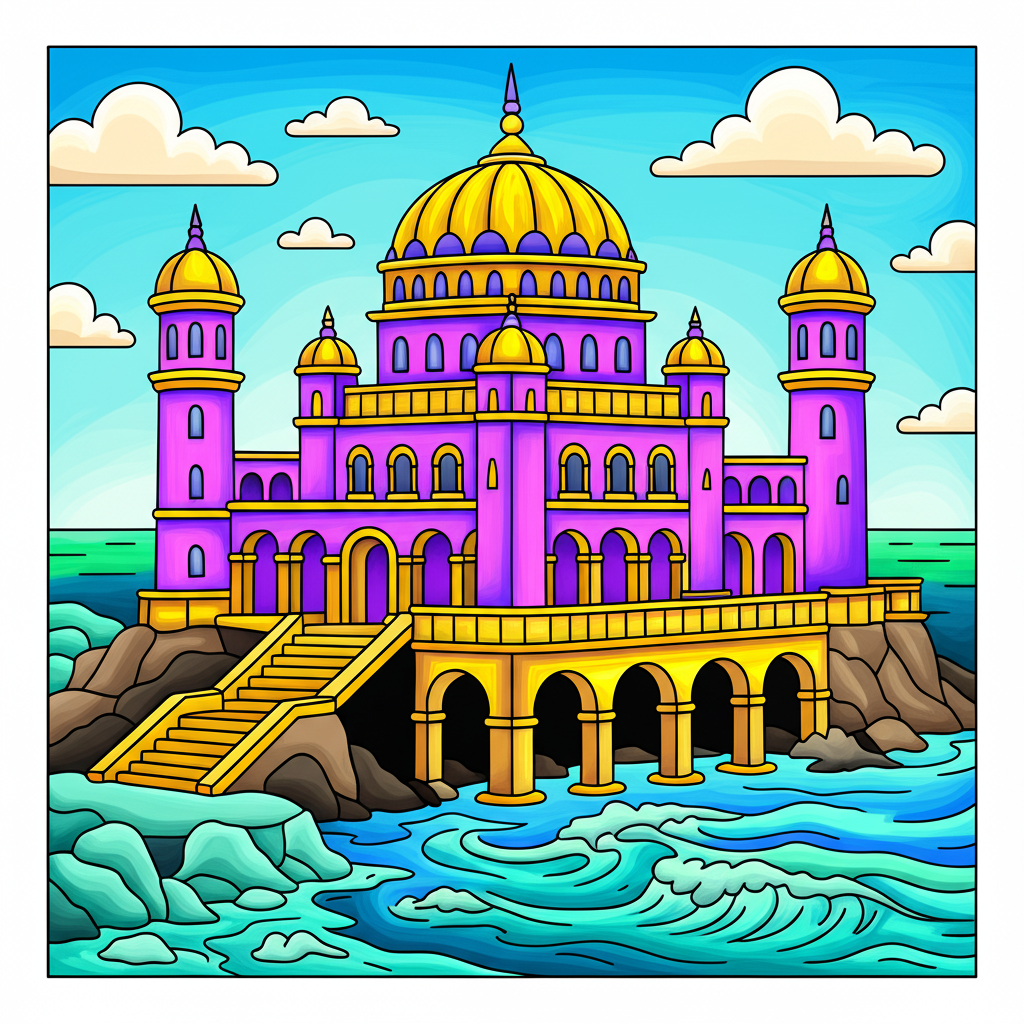 Majestic Seaside Palace Coloring Page - Colored Preview