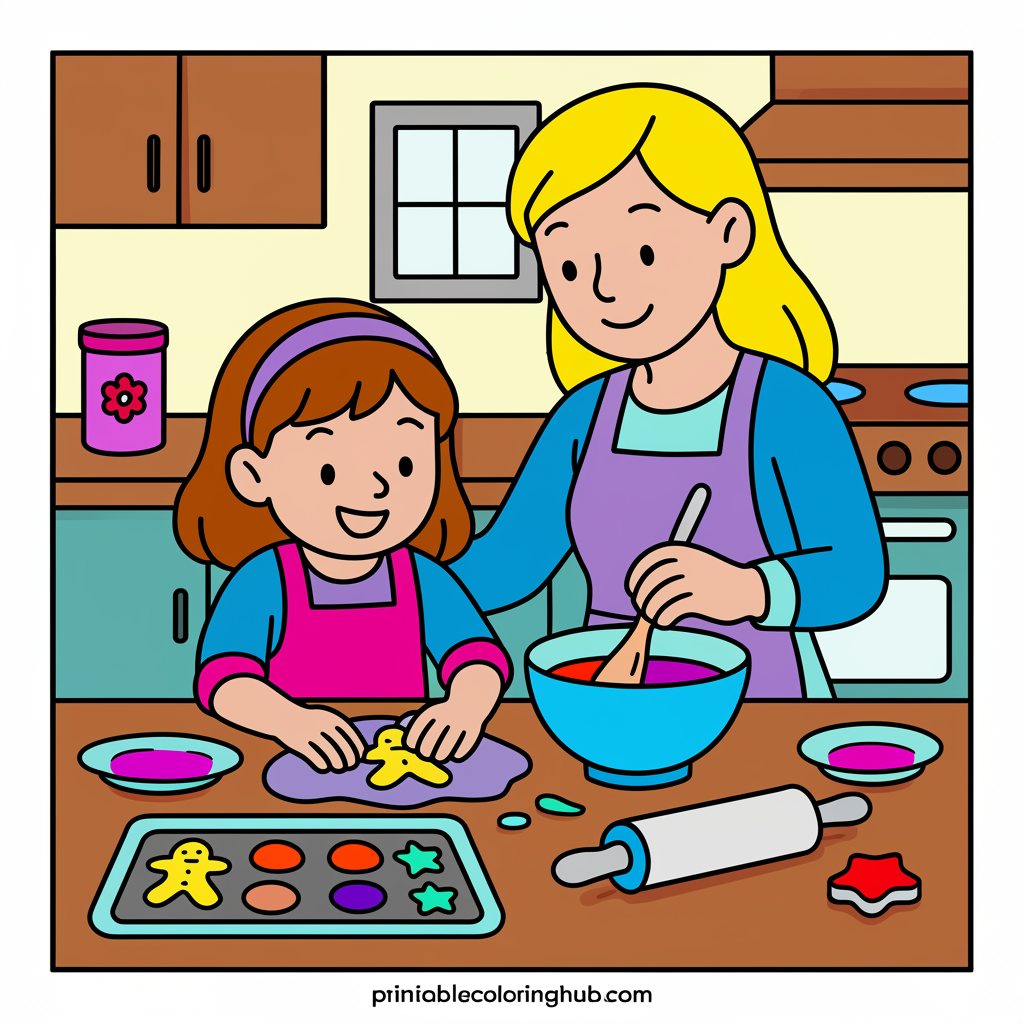 Mother Daughter Baking Fun Coloring Page - Colored Preview