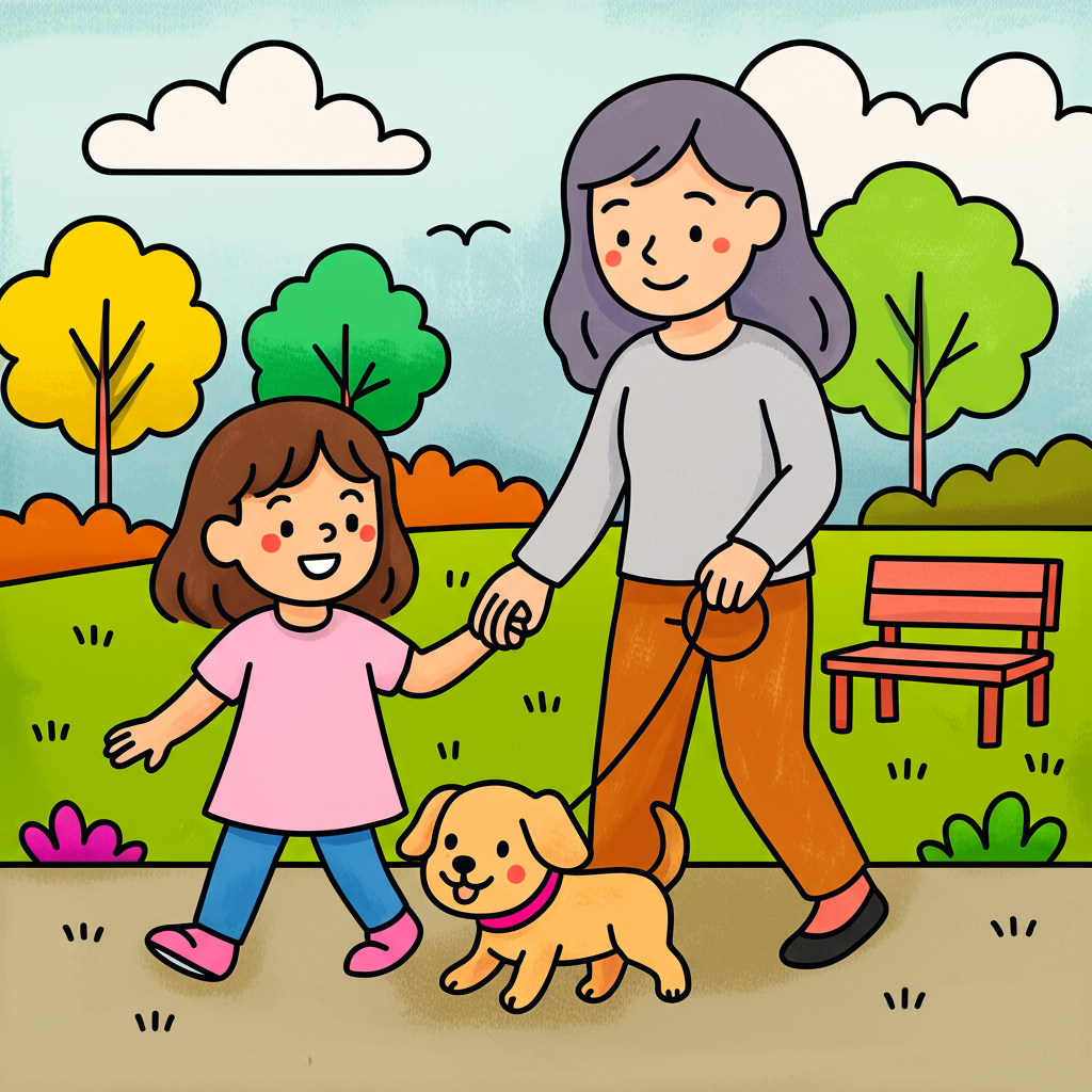 Mother Daughter Dog Park Walk Coloring Page - Colored Preview
