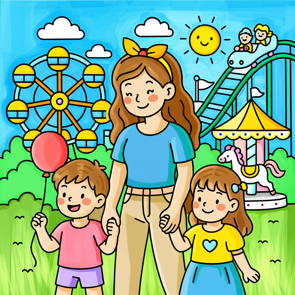 Family Fun at the Amusement Park - Colored Preview