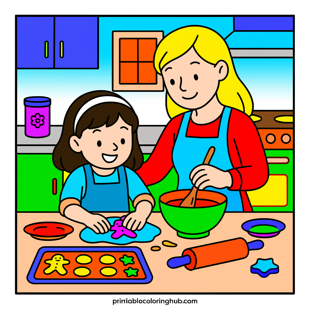 Mother Daughter Baking Cookies Together - Colored Preview