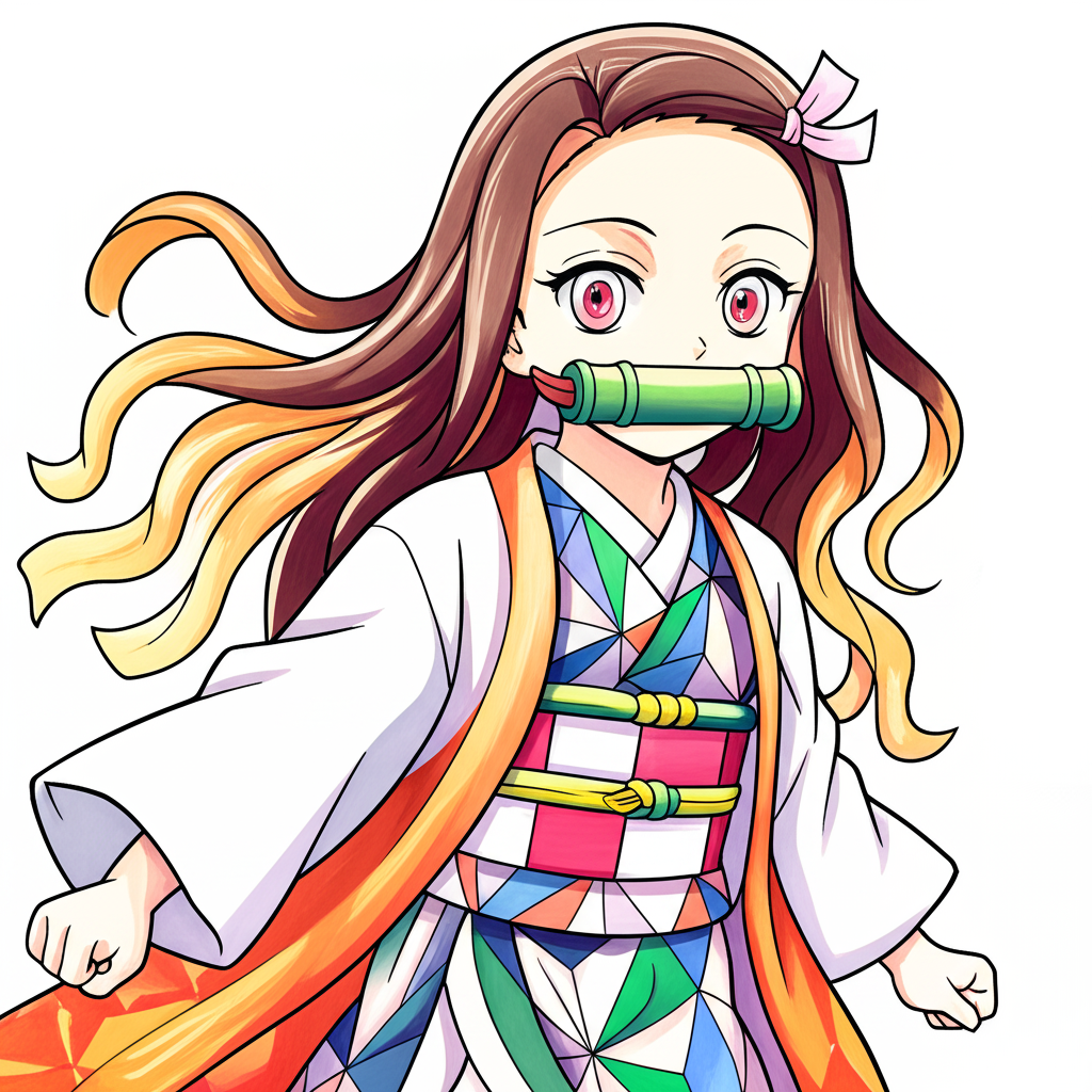 Nezuko Kamado Kimono Pose Coloring Page - Colored Preview