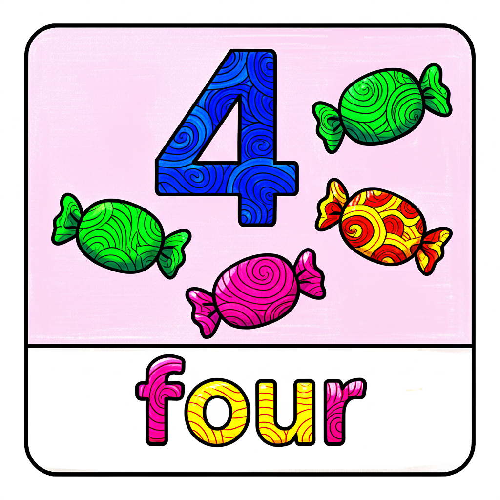 Number Four Candies Flashcard Coloring Page - Colored Preview