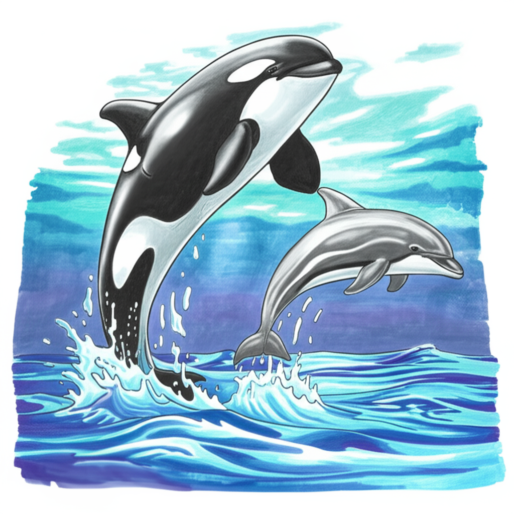 Ocean Friends' Joyful Leap Coloring Page - Colored Preview