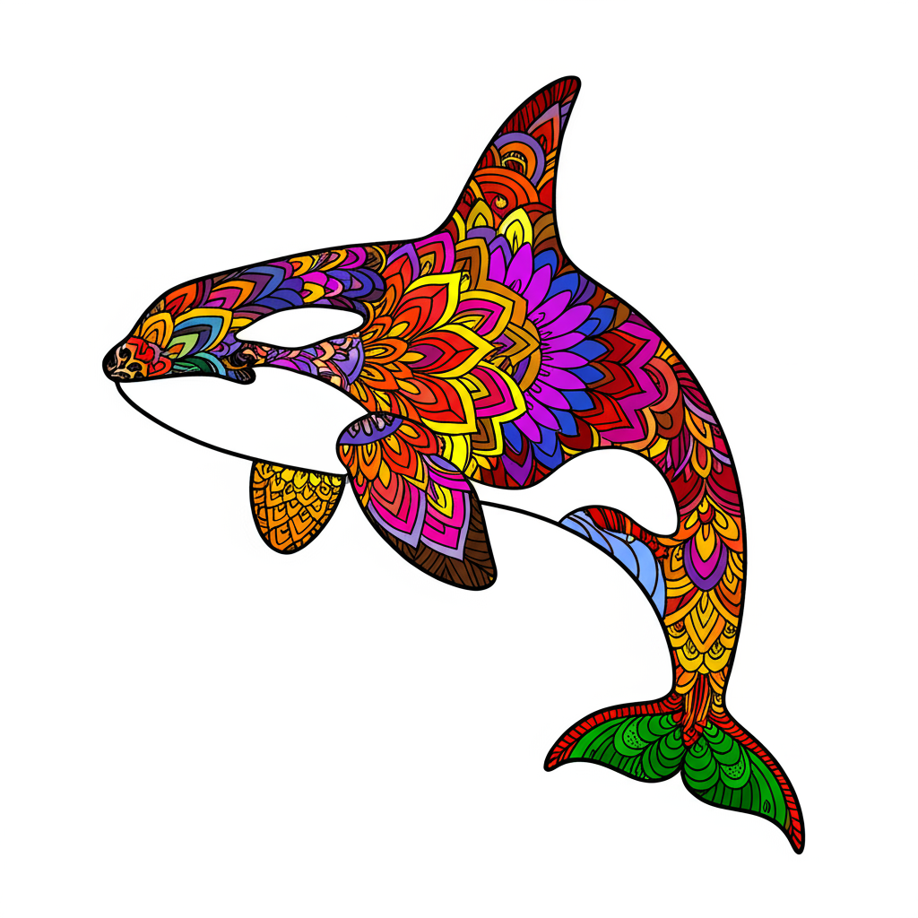 Majestic Mandala Orca Coloring Page - Colored Preview